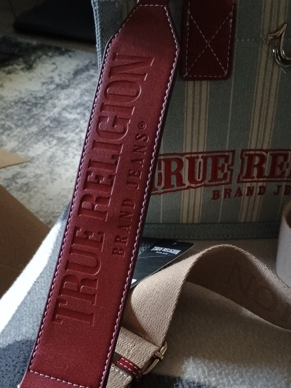 NWT True Religion Women's Stripe Tote Bag in Light Blue and Red - Picture 5 of 12
